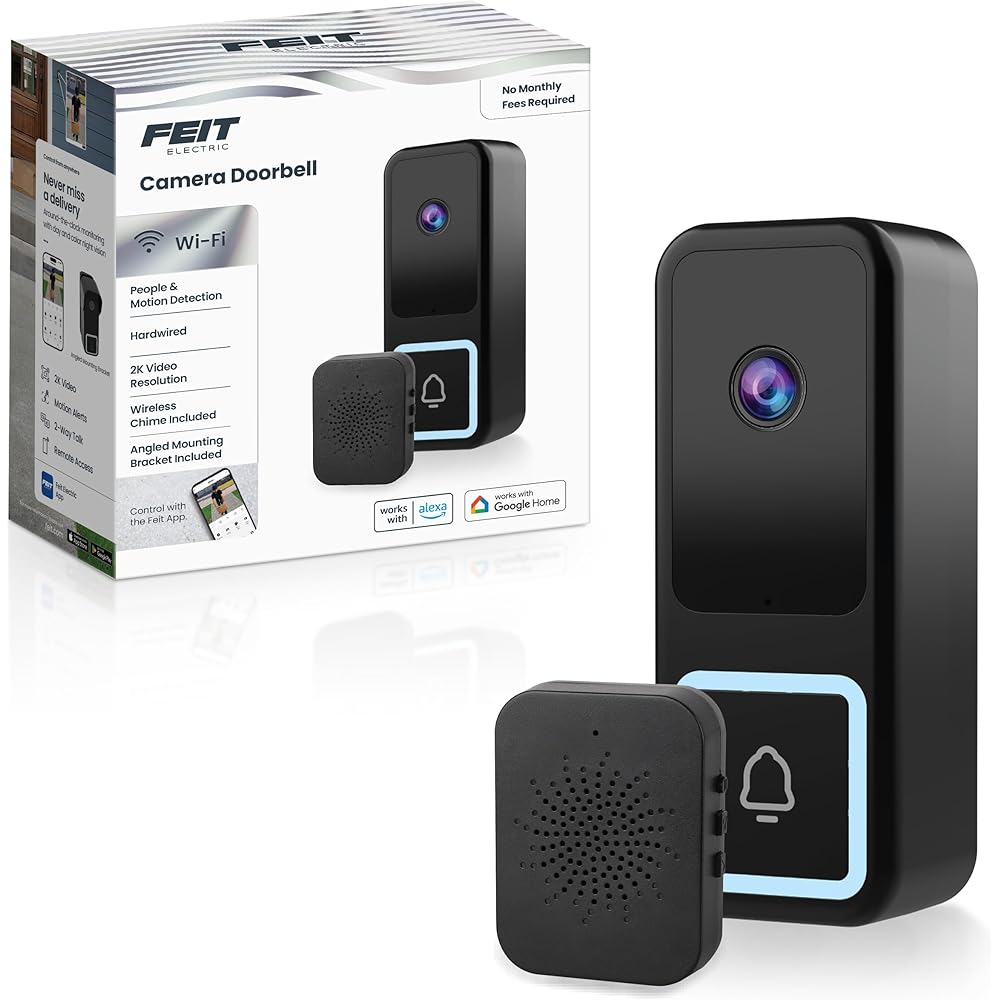 Feit Electric Smart Doorbell Camera, Wired 2K HD Video, Night Vision, Motion Detection, Two-Way Audio, Alexa/Google Assistant Compatible, App Control, Wireless Chime Included, CAM/Door/WiFi/G2