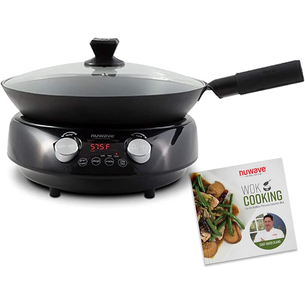 Nuwave Mosaic Induction Wok, Precise Temp Controls 100°F-575°F in 5°F, Wok Hei, Infuse Complex Charred Aroma &amp; Flavor, 3 Wattage 600, 900 &amp; 1500, Authentic 14-inch Carbon Steel Wok &amp; Cookbook Included