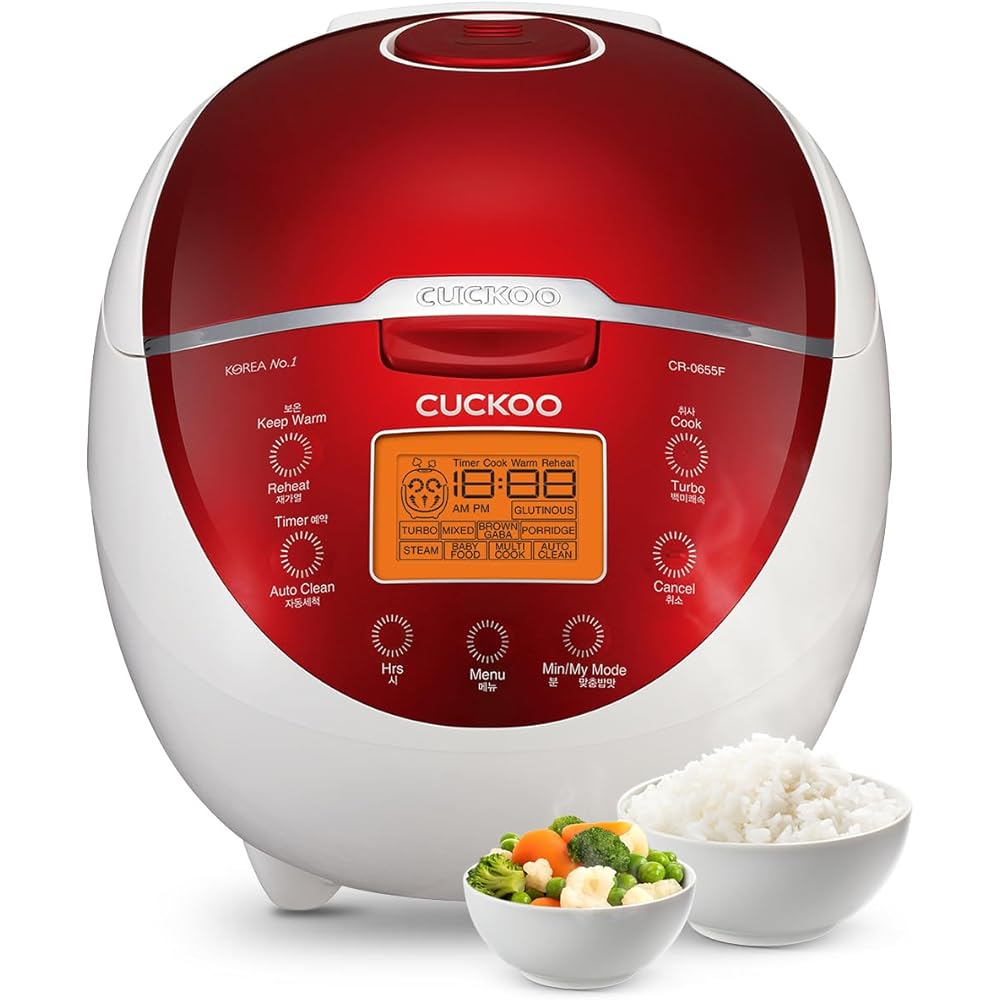 Cuckoo CR-0655F Rice Cooker &amp; Warmer, 6 cups, LCD Display 11-Menu Options White, Turbo, Mixed, and Brown/GABA Rice, Porridge, Steam Multi Cook, My Mode, 16-Various Cooking Methods, Sm, Red/White