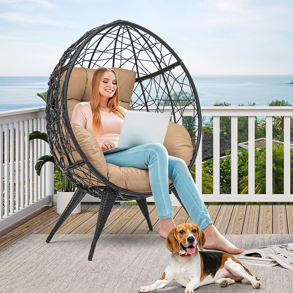 YITAHOME Large Wicker Egg Chair with Stand for Indoor and Outdoor, Cushion, and Adjustable Leveling Feet, Large Lounger for Garden, Patio, Balcony, Backyard,Supports up to 330lbs, Beige
