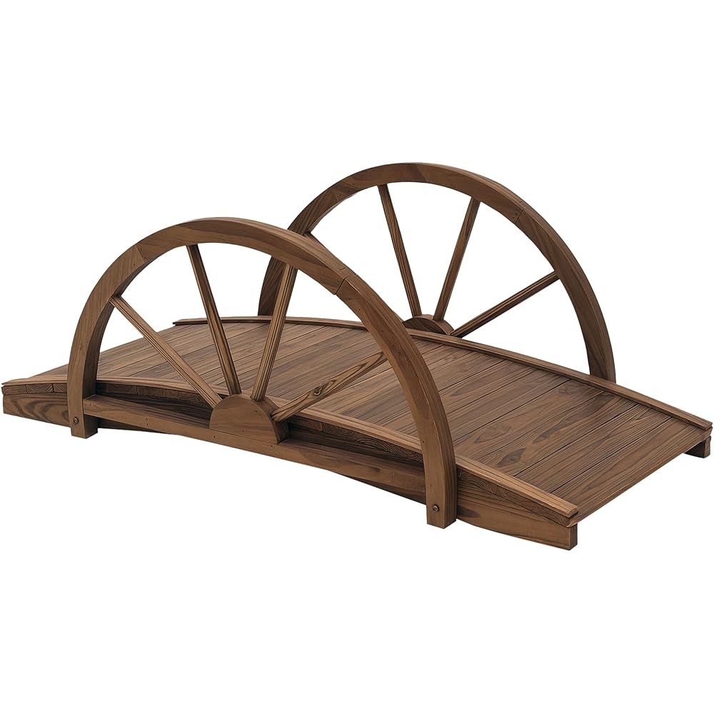 Outsunny 3.3ft Wooden Garden Bridge Arc Footbridge with Half-Wheel Style Railings &amp; Solid Fir Construction, Stained Wood