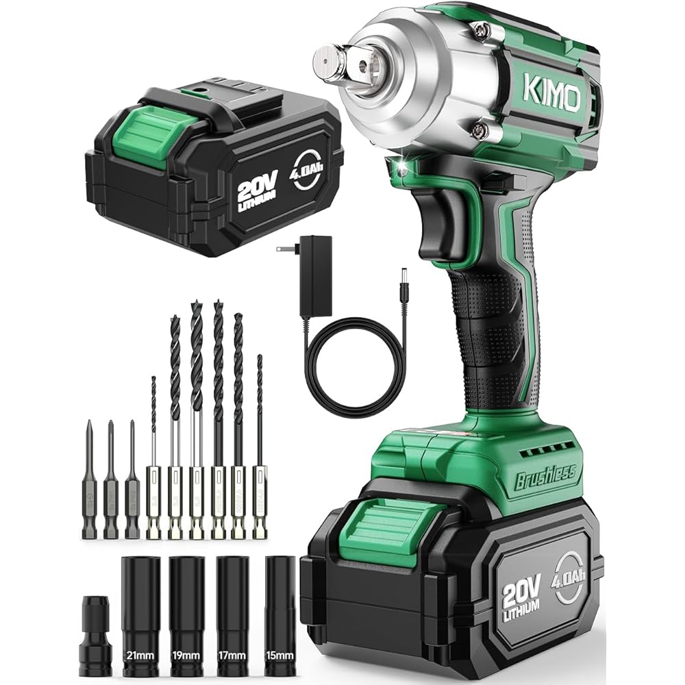 KIMO Impact Wrench 1/2, Max Torque 406ft-lbs (550N.m) &amp; 3000RPM /Premium Brake Stop, 9-Piece Drill &amp; Serewdriver Set, 4 Sockets, Cordless Impact Wrench with 4000mAh Battery, Impact Driver for CarTires