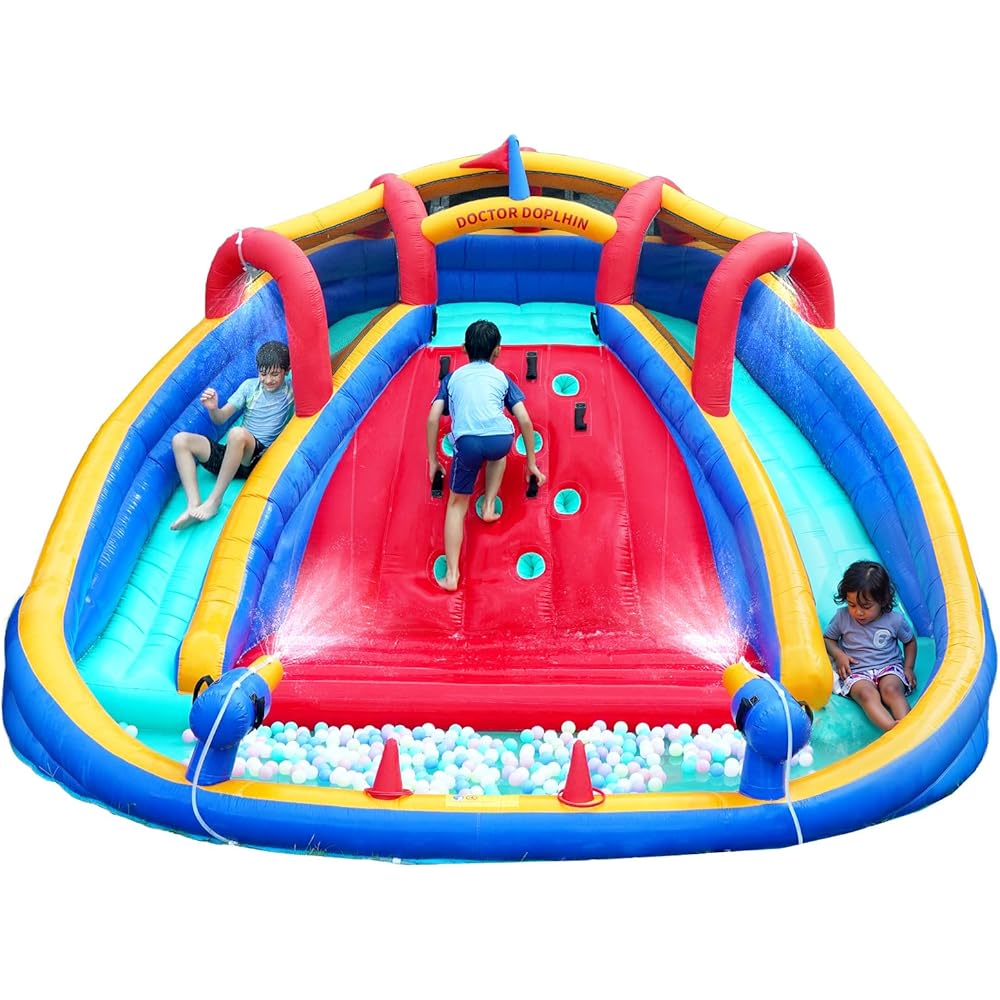 Mixcous Inflatable Water Double Slides Park, Bounce House with Splash Pool, Large Blow Up Water Slide for Kids with Climbing Wall, Durable Design Backyard Play Park, Quick Setup (Dry/Wet Use)