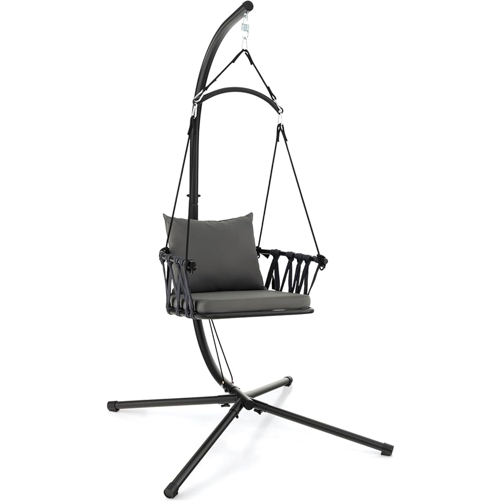 Tangkula Folding Swing Chair with Stand, Hanging Egg Chair with Cushion, Pillow, Wicker Basket Seat, Indoor Outdoor Hammock Chair with Steel Rustproof Frame for Patio Backyard Porch Garden (Gray)