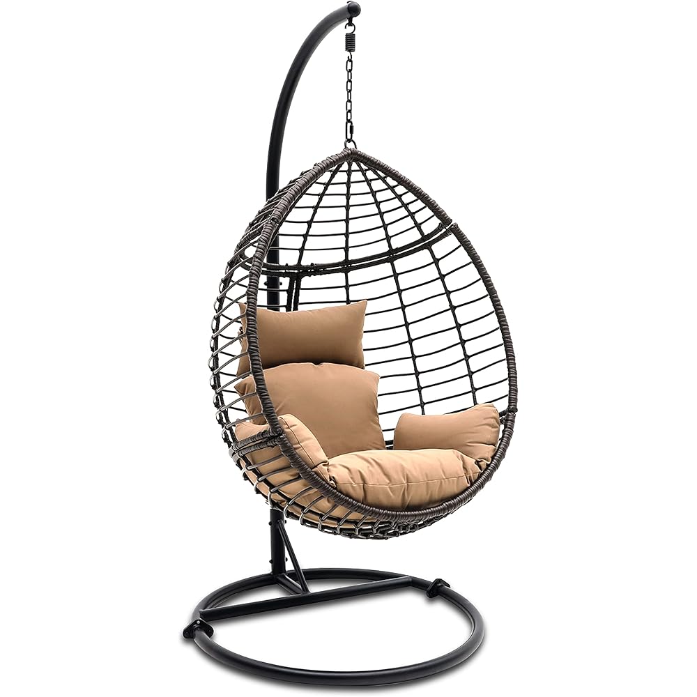 SereneLife Hanging Egg Chair with Stand Indoor Outdoor Patio Wicker Rattan Lounge Chair with Stand, Steel Frame, UV Resistant Washable Cushions for Garden Backyard Deck Sunroom SLGZ0EGBR (Brown)