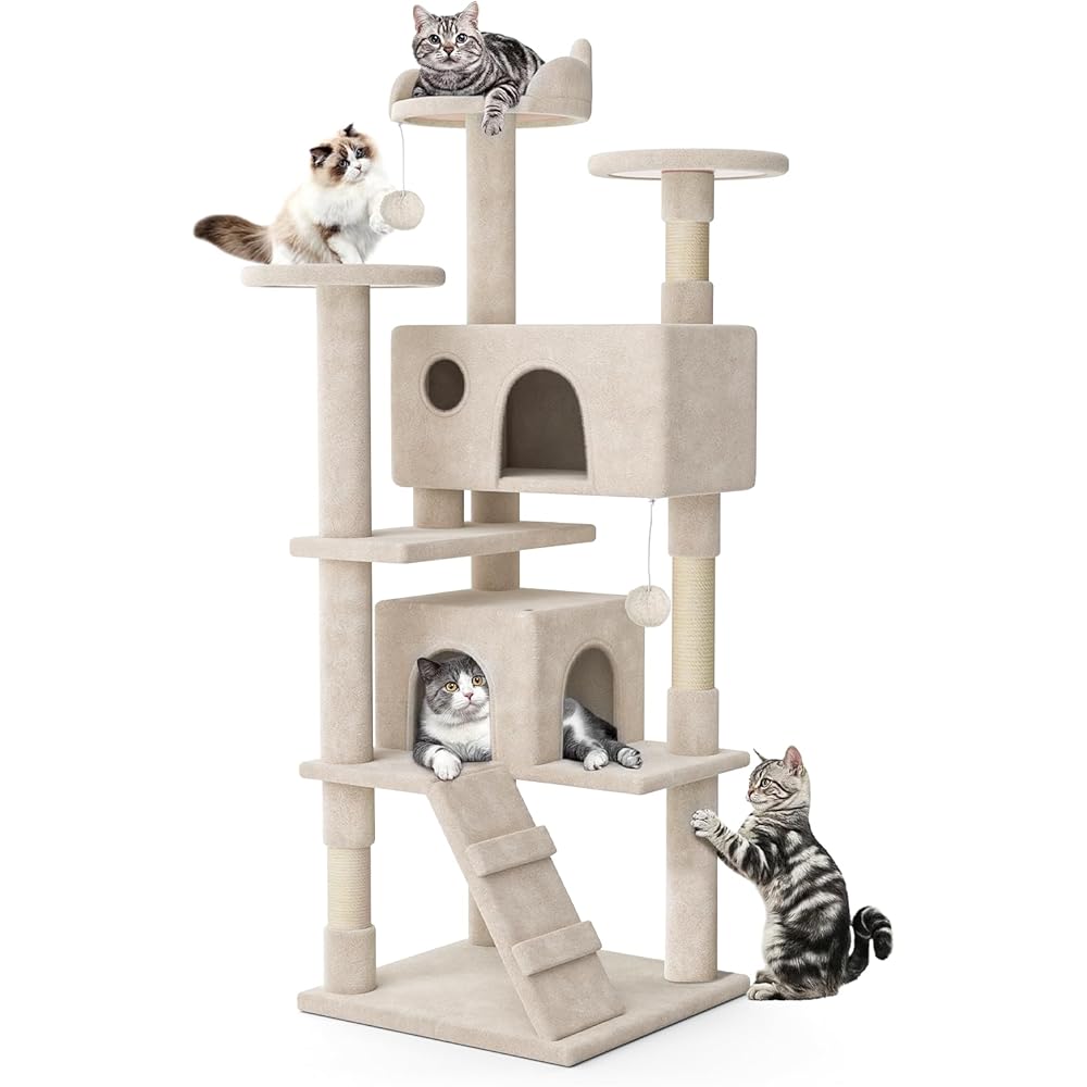 MoNiBloom 60 Inch Cat Tree Tower for Indoor Cats Large Adults, Cat Tower with Scratching Post, Multi-Level Furniture Activity Center with Cat Condo Pet Play House, Beige