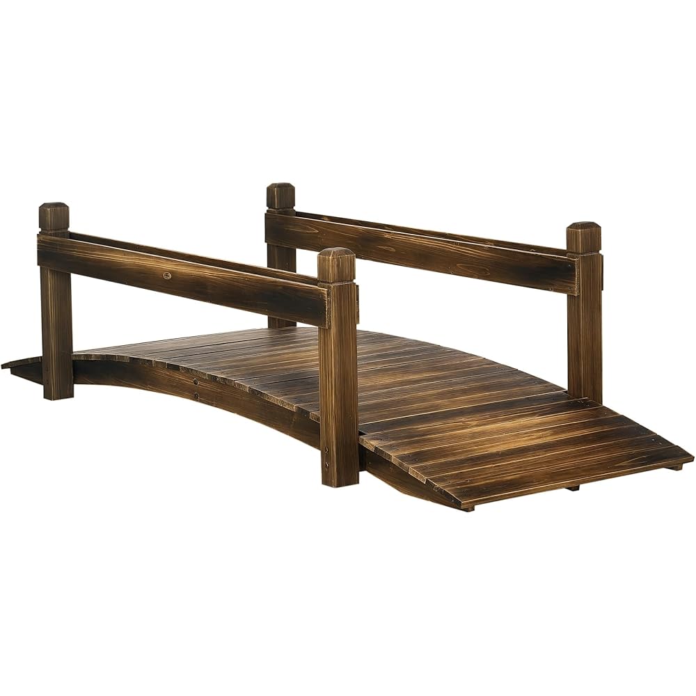 Outsunny 7.5' Wooden Garden Bridge with Planters, Stained Finish Arc Footbridge with Safety Railings for Backyard, Pond Stream, Stained Wood