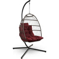 SereneLife Foldable Egg Chair with Stand – Hanging Rattan Wicker Swing for Indoor Outdoor Use – 350 lbs Capacity, Breathable Cushion &amp; Headrest – Patio, Balcony, Porch, Bedroom Lounge Furniture