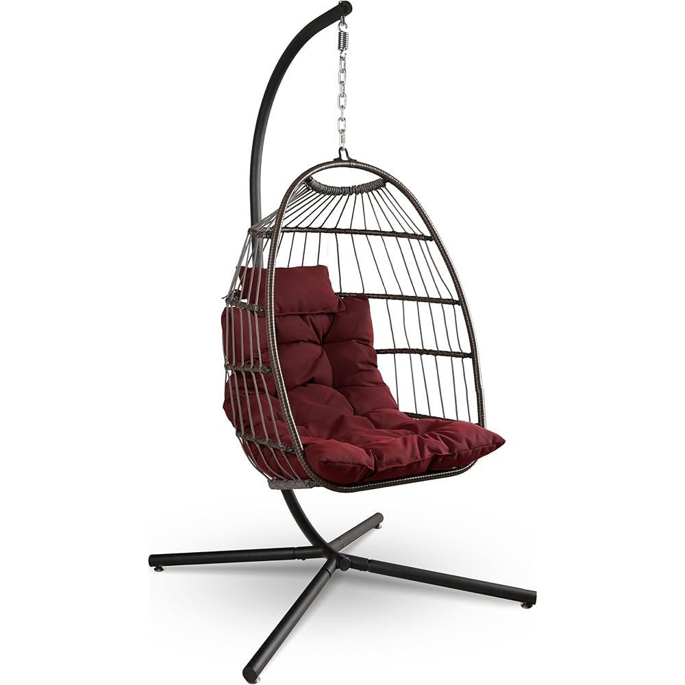 SereneLife Foldable Egg Chair with Stand – Hanging Rattan Wicker Swing for Indoor Outdoor Use – 350 lbs Capacity, Breathable Cushion &amp; Headrest – Patio, Balcony, Porch, Bedroom Lounge Furniture