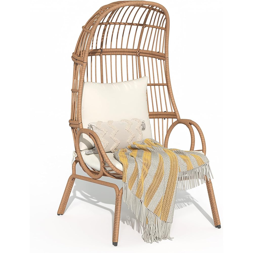 YITAHOME Outdoor Narrow Egg Chair Wicker, Patio Rattan Basket Chair with 370lbs Capacity Indoor Egg Chairs with Stand &amp; Cushion Cocoon Chair for Bedroom, Patio, Balcony Beige