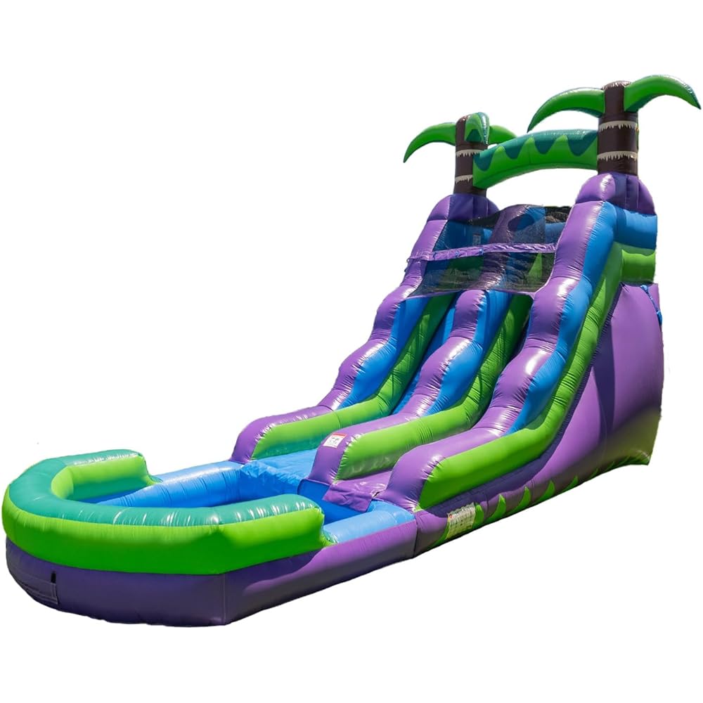 HeroKiddo 16’ Purple Tropical Lightweight Premium Commercial Grade Water Slide Inflatable with Attached Pool for Kids and Adults (with Blower), Wet Dry Use, Summer Fun