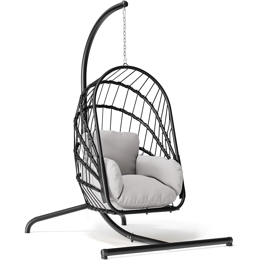 YITAHOME Hanging Egg Chair with Stand, Rattan Wicker Swing Egg Chair with Resistant Cushion, 350lbs Capacity, Foldable Hanging Rattan Basket Chair for Porch, Garden, Bedroom, Balcony, Grey