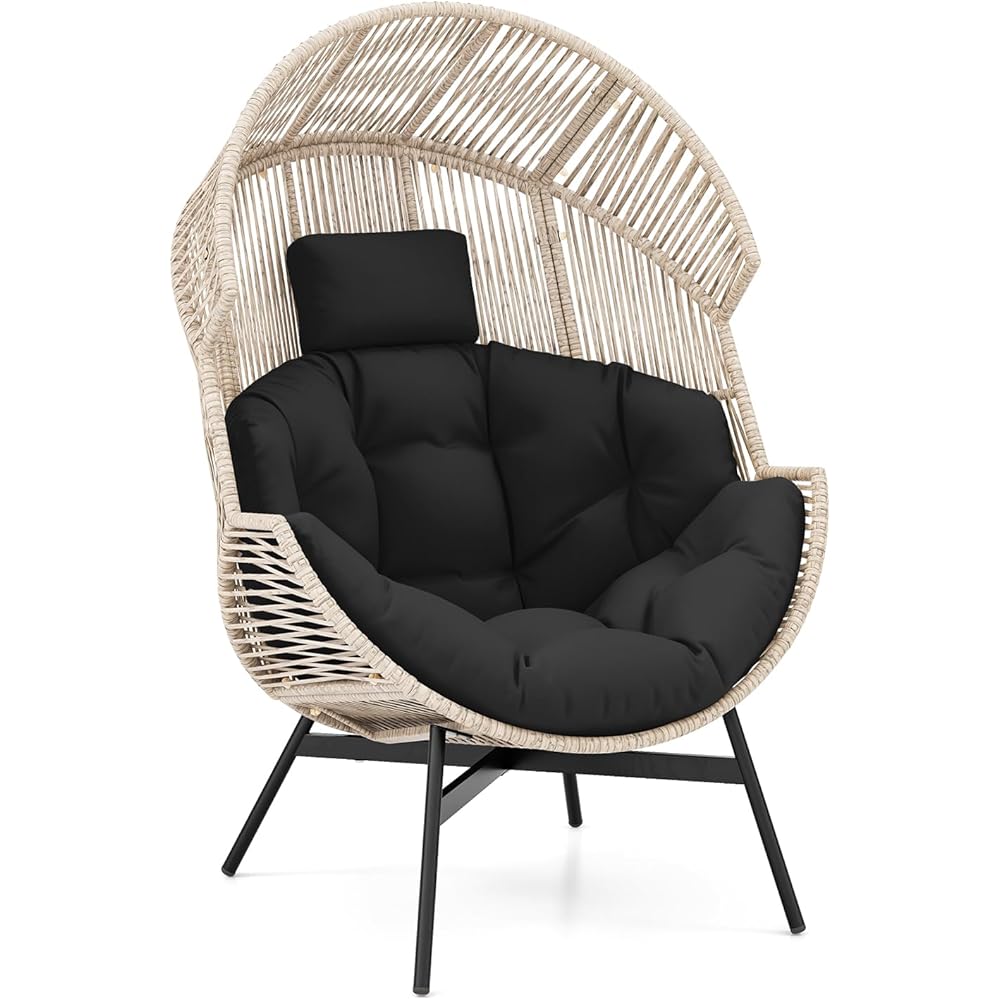 Tangkula Oversized Egg Style Chair, Wicker Stationary Patio Egg Chair w/Cushions &amp; Headrest, Heavy-Duty Metal Frame, Patio Lounge Basket Sofa Chair for Yard, Porch, Living Room