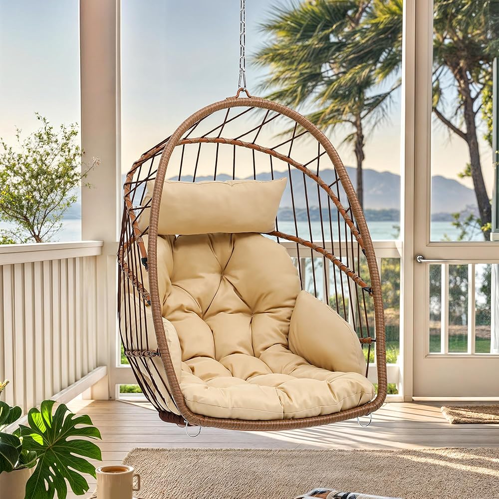 YITAHOME Hanging Egg Chair, Patio Wicker Hammock Egg Chair Basket Chair Swing with Cushion, Outdoor 300lbs Rattan Egg Outdoor Swing Chair for Balcony Garden Bedroom, Beige (Stand not Included)