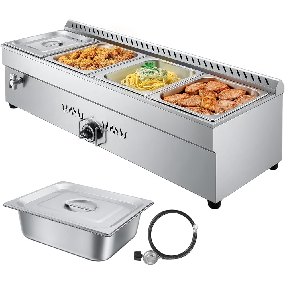 VEVOR 4-Pan Commercial Propane Steam Table, LP Gas Outdoor Soup Warmer with Drain Valve, Stainless Steel Propane Food Warmer with Adjustable Temperature, for Restaurant Party Outdoor CampingIndustrial &amp; Scientific