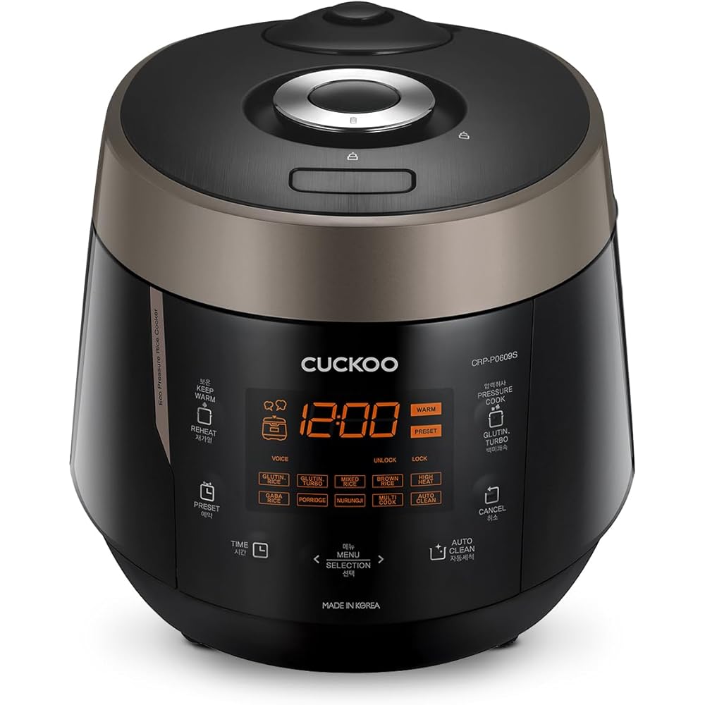CUCKOO CRP-P0609S 6-Cup (Uncooked) / 12-Cup (Cooked) High Pressure Rice Cooker &amp; Warmer with Nonstick Inner Pot, 12 Menu Options, Fuzzy Logic Tech, 3 Voice Guide, Auto Clean (Black/Copper)