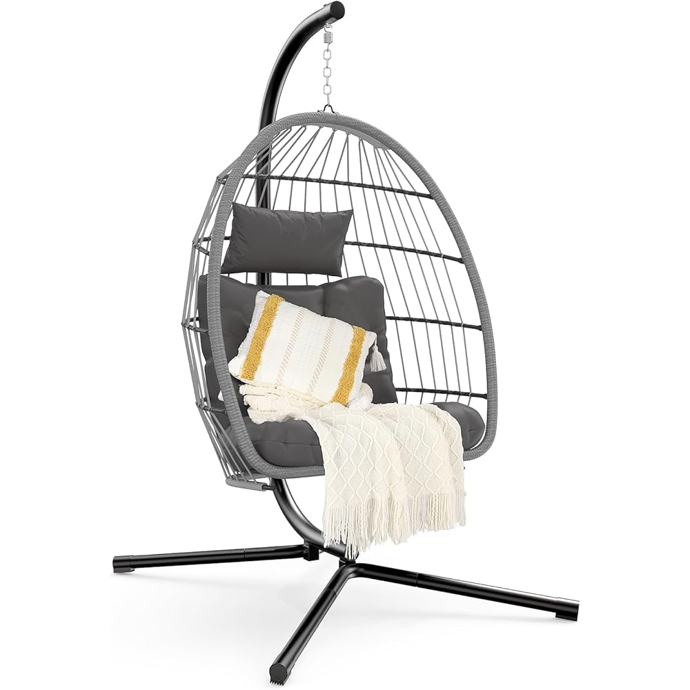 Hanging Egg Chair with Stand, Hammock Chair with Rattan Wicker, Patio Swing Egg Chair with Alluminum Frame &amp; Thick Cusion, 350 Lbs Capacity Swing Chair for Outdoor/Indoor Use