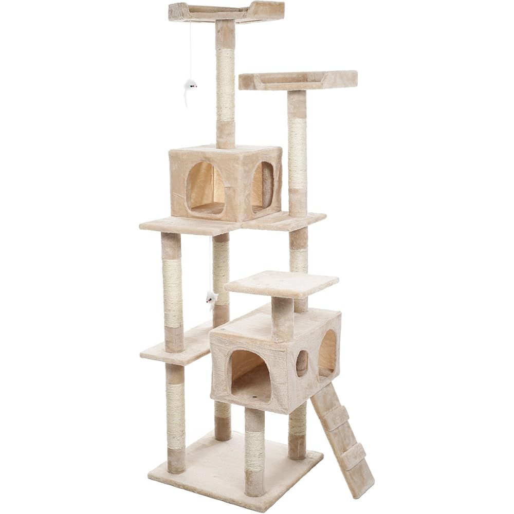 Cat Tree 5.5-Foot Cat Tower for Indoor Cats with Perches, 2 Condos, 9 Cat Scratching Posts, 2 Hanging Toys, and 2-Step Ladder by PETMAKER (Beige)