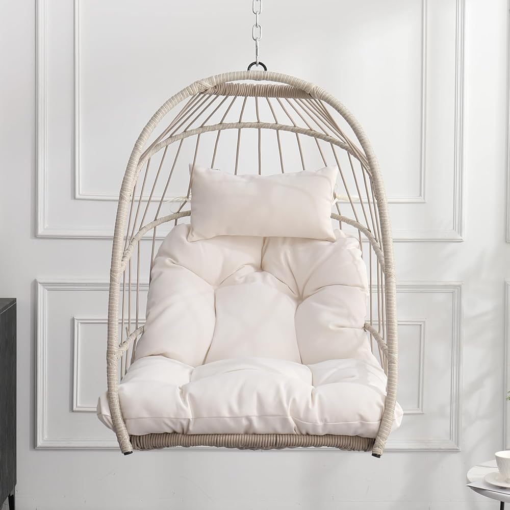 KEIKI Swing Egg Chair Without Stand, Foldable Patio Rattan Wicker Hammock Egg Chair with Cushion, Outdoor Indoor Hanging Basket Chair, 270LBS Capacity for Porch, Garden, Bedroom, Balcony, White