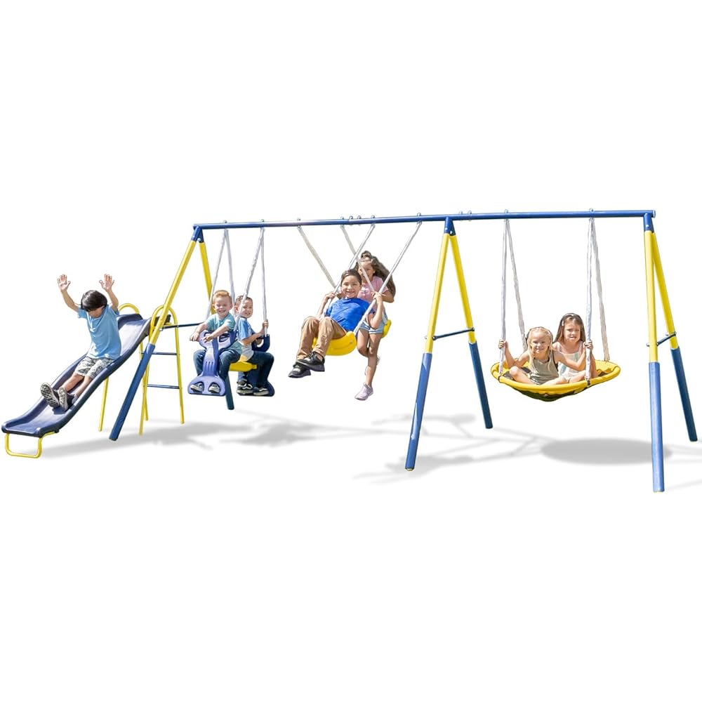 Sportspower Super Star Outdoor Kids Metal Swing Set2 Swings, 1 Flying Saucer, 1 Glider, 1 Wavy Slide Exceeds ASTM Standards