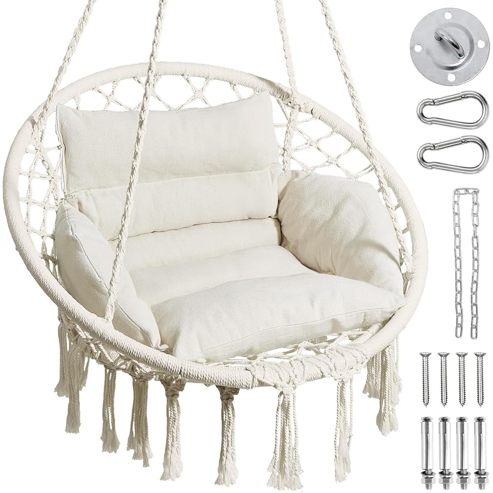Greenstell Hammock Chair, Macrame Swing Chair with Comfy Cushion, Boho Hanging Chair for Outdoor &amp; Indoor, Perfect for Bedroom, Patio, Balcony, Hold up to 330Lbs, Beige