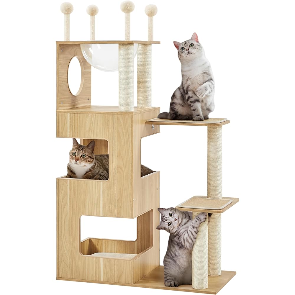 Yaheetech 53in Modern Wooden Cat Tree with Transparent Bowl Condo, Spring Balls &amp; Fully Wrapped Sisal Scratching Posts Large Window Design for Indoor Cats