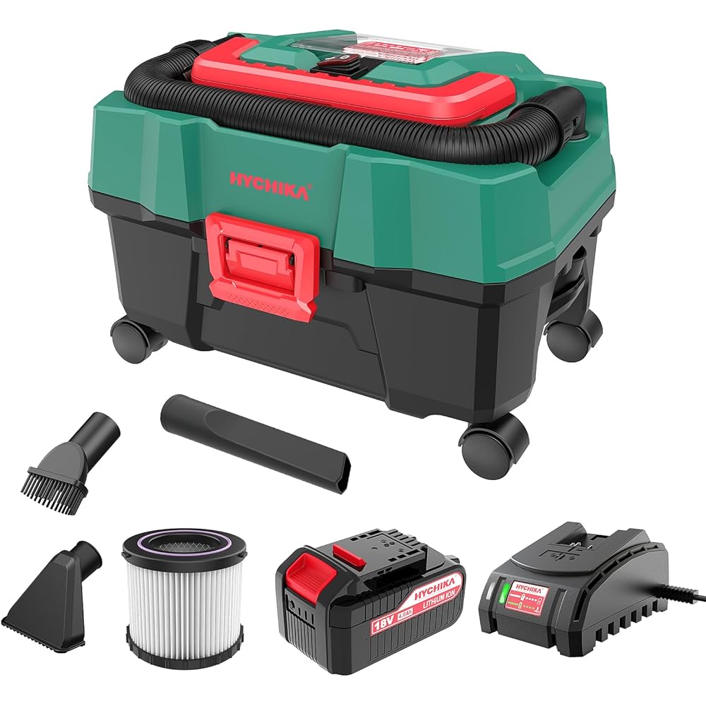 HYCHIKA 18V Cordless Shop Wet Dry vacuums, 4 Gallon Wet and Dry Vacuum Cleaner with Blower, Portable Cordless Vac with 4.0Ah Battery and Charger, for Car Home Garage Boat Outdoor