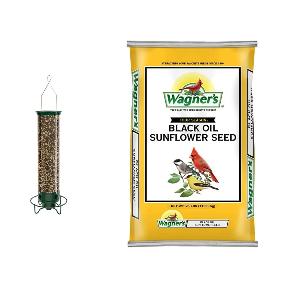 Droll Yankees YF-M Yankee Flipper Squirrel-Proof Wild Bird Feeder with Weight Activated Rotating Perch 5Lbs Seed Capacity and Wagner's 76027 Black Oil Sunflower Wild Bird Food, 25-Pound Bag