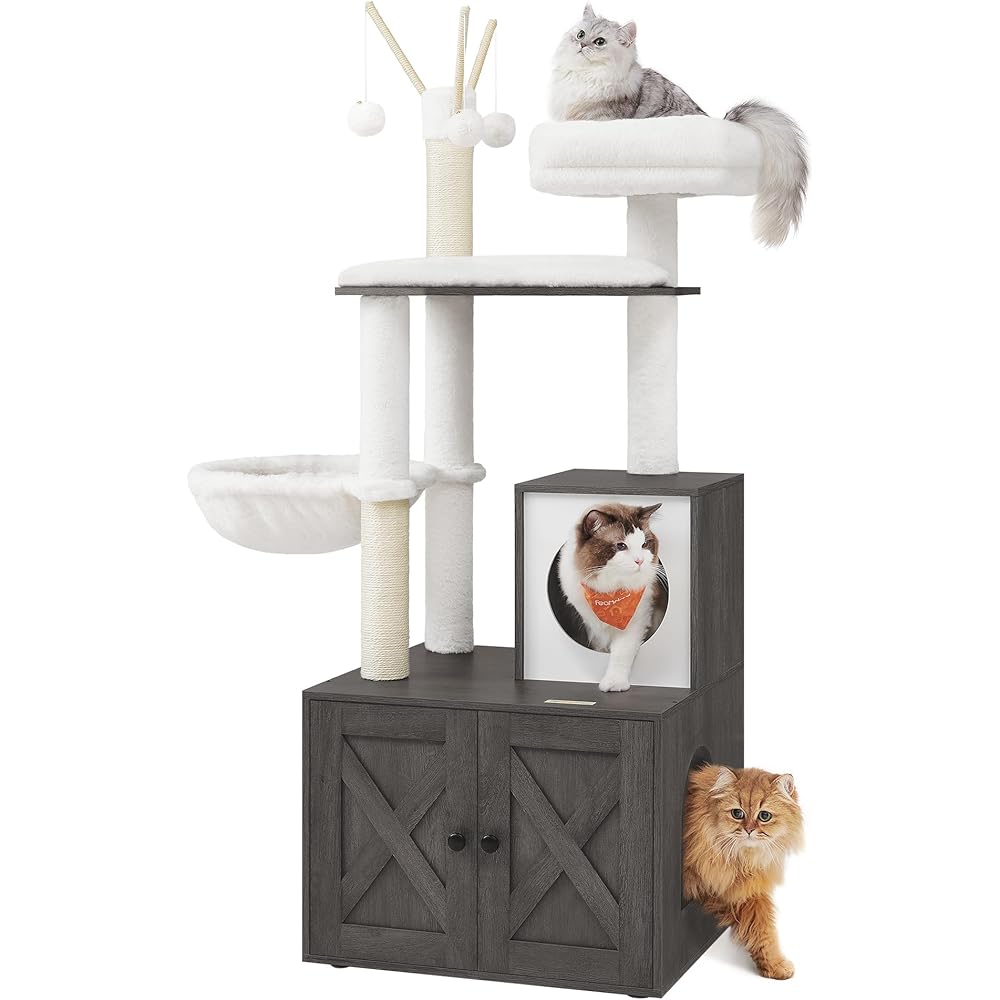Feandrea Cat Tree with Litter Box Enclosure, 2-in-1 Modern Cat Tower, 55.1-Inch Cat Condo with Scratching Posts, Removable Pompom Sticks, Misty Gray UPCT113G02