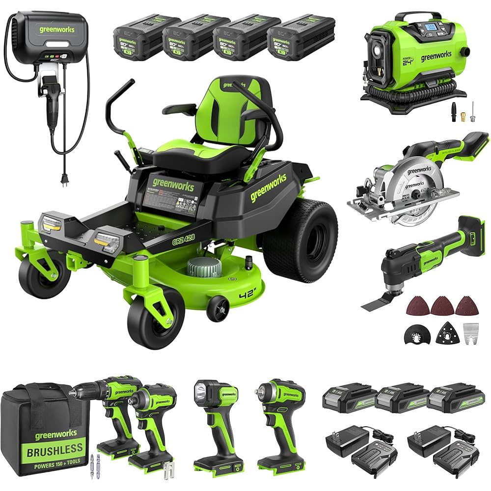 Greenworks 80V 42" Zero Turn Riding Lawn Mower, (4) 5.0Ah Batteries and (600W) Plug in Charger + BONUS 6-Piece Power Tool Combo