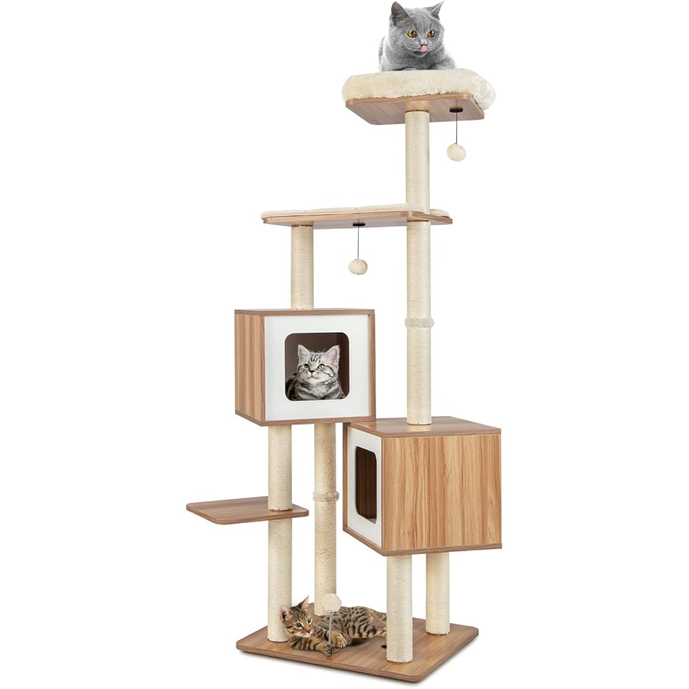 PETSITE Wooden Cat Tree, 64.5" Tall Modern Cat Tower with 2 Condos, Top Perch &amp; Scratching Posts, Large Activity Center for Indoor Cats