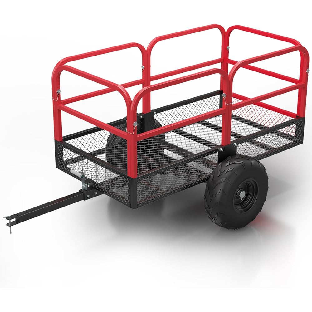 Heavy Duty ATV Trailer Dump Car, Utility Steel Yard Trailer, 1700-Pound Capacity Garden Dump Carts, Hand Pull or Foot Pedal Dump Cart for ATV, UTV, Lawn Mowers and Tractors