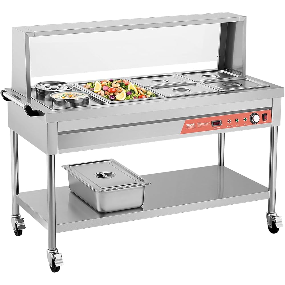 VEVOR Commercial Food Warmer, 5 Pans + 2 Pots Electric Steam Table, 1800W Professional Buffet Catering Food Warmer with Shield Undershelf Wheels, Stainless Steel Server for Party Restaurant Hotel