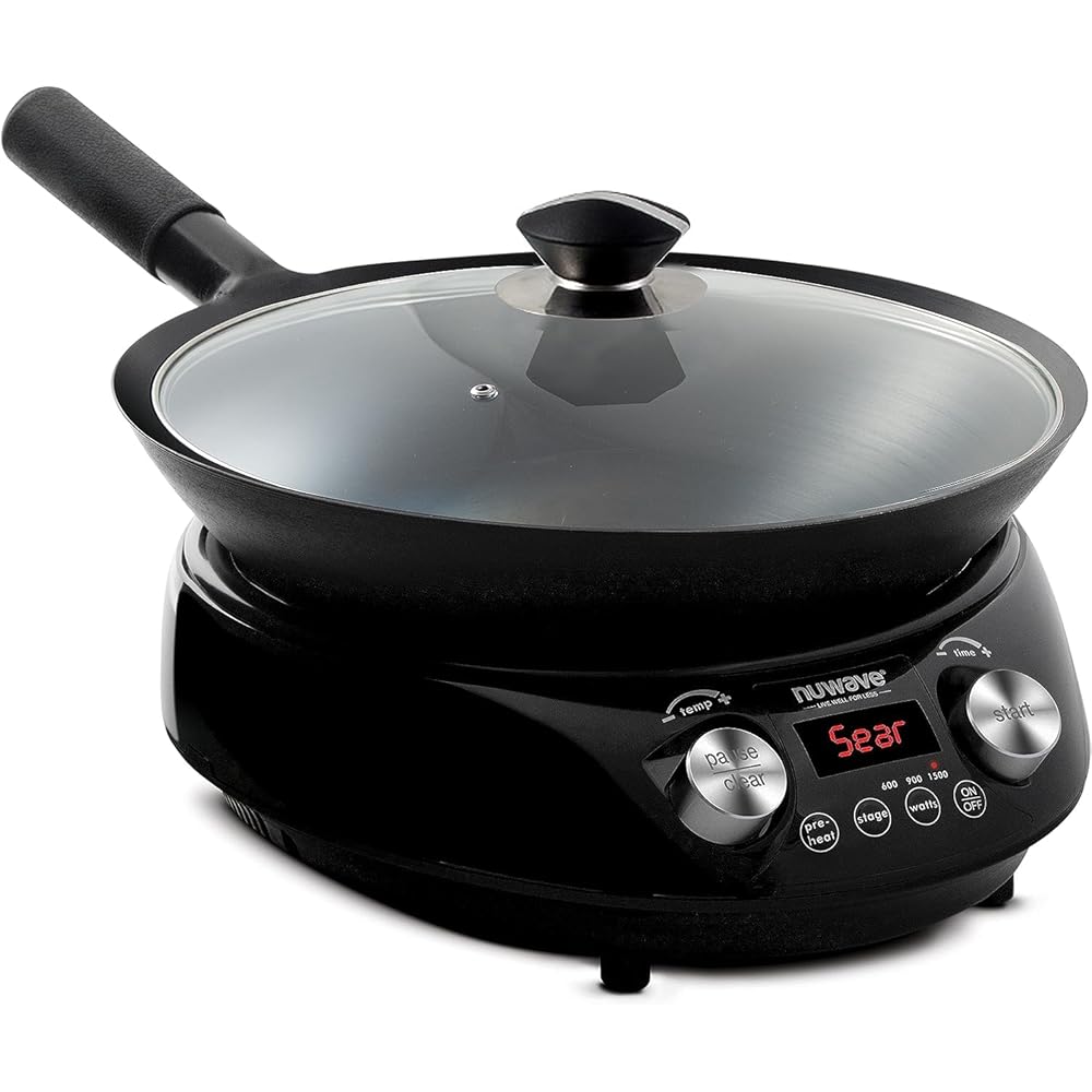 Nuwave Induction Wok, 3 Wattages 600, 900 &amp; 1500, Precise Temp Controls from 100°F to 575°F in 5°F, Infuse Complex Charred Aroma &amp; Flavor, Authentic 14-inch Carbon Steel Wok Included, Wok Hei