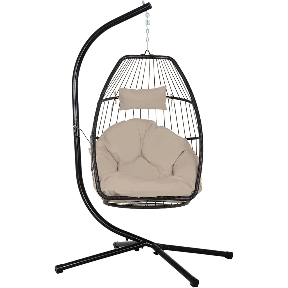 BestOffice Egg Chair Indoor Outdoor with Stand Swing Hanging Rattan Patio Basket Chair with Soft Cloud Polyester Cushion Adjustable Headset for Bedroom Outdoor Garden Swimming Pool Porch, Tan