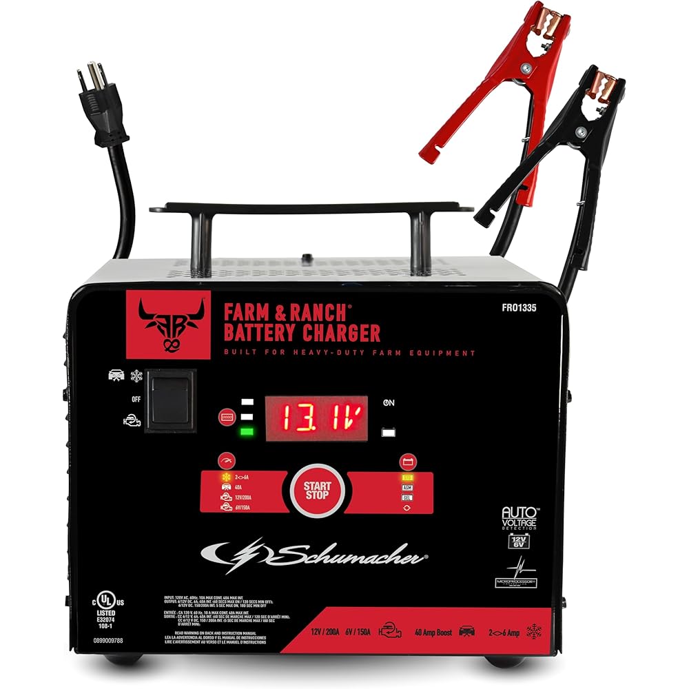 Schumacher Electric Farm and Ranch 6A Battery Charger and200A Engine Starter, 4-in-1 Solution for 6V/12V Batteries, Maintainer, 40A Boost, FR01335, for Power Sport, Automotive, and Marine Batteries