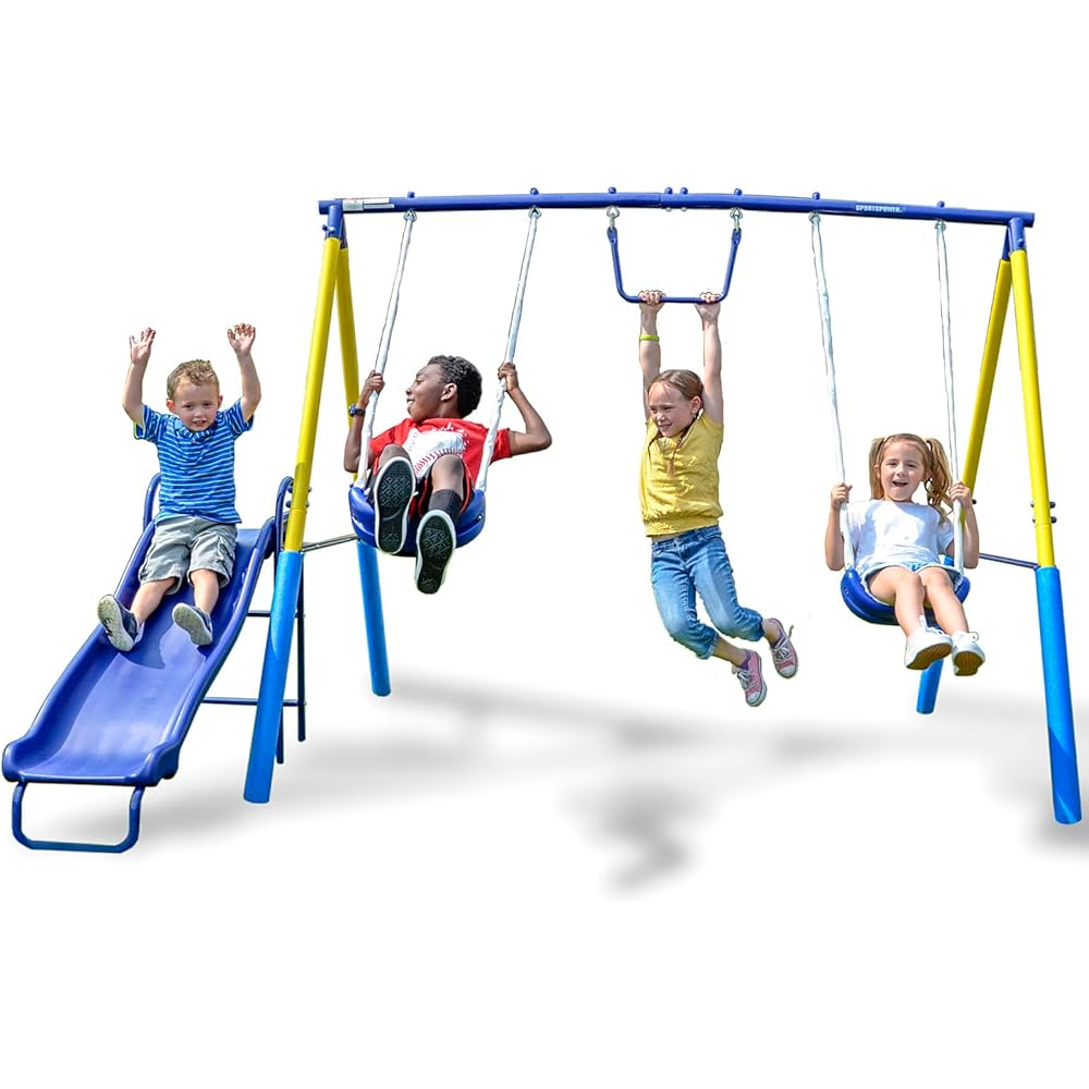 Sportspower My First Metal Swing Set with Slide, 4 Kids Max, Blue, Yellow