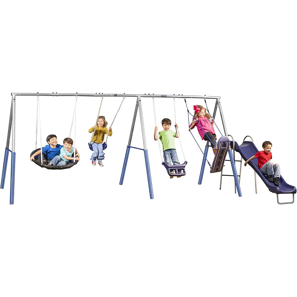 Surf N Swing'in 6 User / 5 Station Metal Backyard Playground Swing Set. 180" L x 104" Deep x 74" H, by XDP Recreation