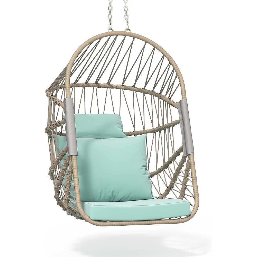 YITAHOME Hanging Egg Chair Without Stand, Rattan Wicker Swing Egg Chair with Resistant Cushion, 350lbs Capacity, Foldable Hanging Rattan Basket Chair for Porch, Garden, Bedroom, Balcony, Sky Blue