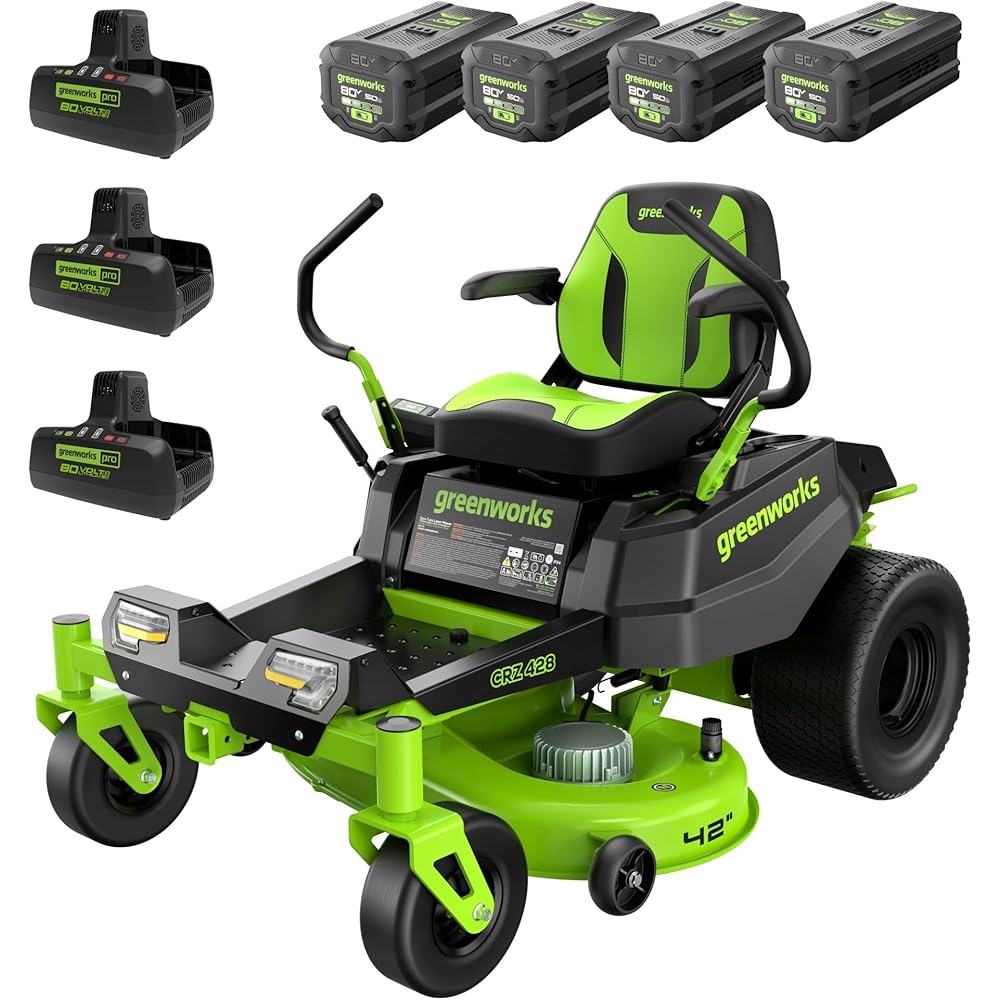Greenworks 80V 42" Zero Turn Riding Lawn Mower, (4) 5.0Ah Batteries and(3) 8A Dual Port Rapid Charger
