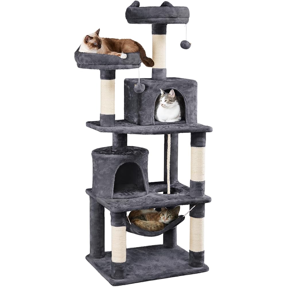 Yaheetech 62.5inches Cat Tree Cat Tower Cat Condo with Platform &amp; Hammock, Scratching Posts for Kittens Pet Play House with Plush Perch for Indoor Activity Relaxing, Dark Gray