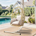 YITAHOME Hanging Egg Chair with Stand, Rattan Wicker Swing Egg Chair with Resistant Cushion, 370lbs Capacity, Foldable Hanging Basket Chair for Porch, Garden, Bedroom, Balcony Beige