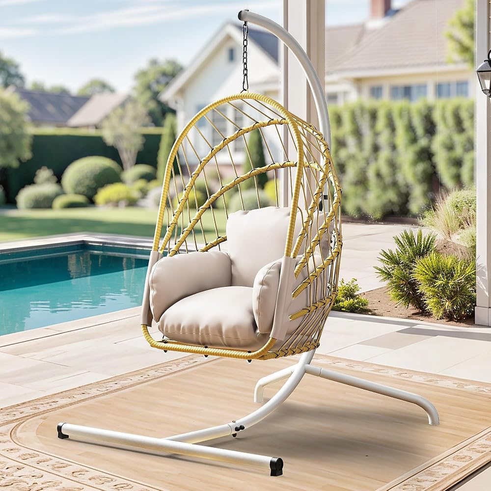 YITAHOME Hanging Egg Chair with Stand, Rattan Wicker Swing Egg Chair with Resistant Cushion, 370lbs Capacity, Foldable Hanging Basket Chair for Porch, Garden, Bedroom, Balcony Beige