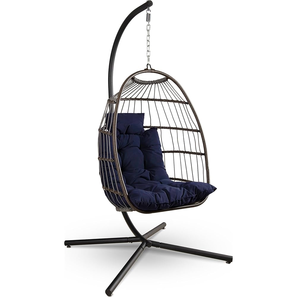 SereneLife Foldable Egg Chair with Stand – Hanging Rattan Wicker Swing for Indoor Outdoor Use – 350 lbs Capacity, Breathable Cushion &amp; Headrest – Patio, Balcony, Porch, Bedroom Lounge Furniture