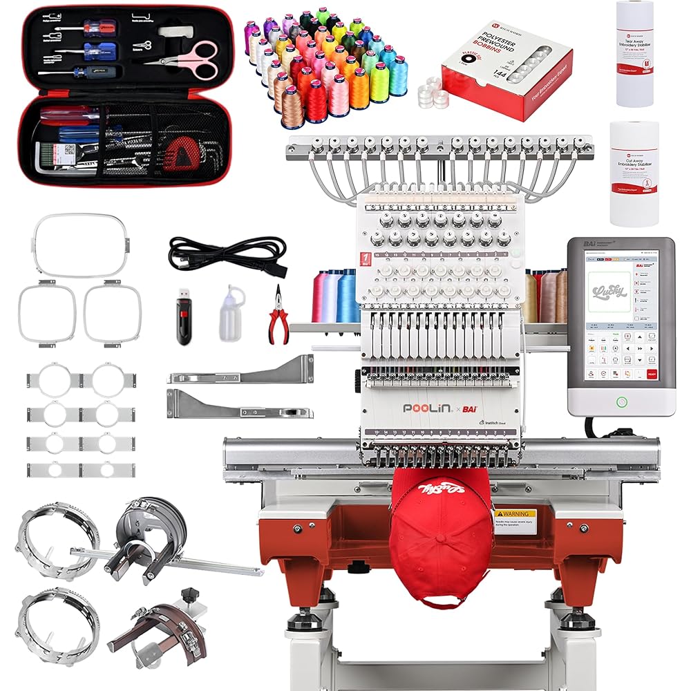 POOLIN Multi Needles Commercial Embroidery Machine with Auto Color Change, 13.8x19.7 Inch Embroidery Area, WiFi Transfer, Includes All Accessories for Hats, T-Shirts &amp; Hoodies