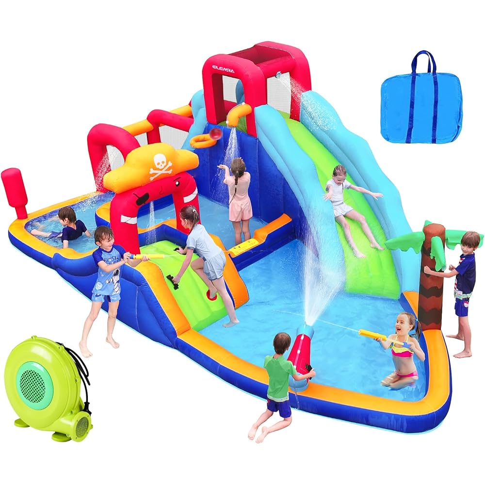 ELEMARA 10 in 1 Inflatable Water Slide, Inflatable Water Park with Blower, 2 Slides &amp; 2 Climbing Walls &amp; 2 Water Guns, Deep＆Splash Pool, Water Slides for Kids Backyard for 6