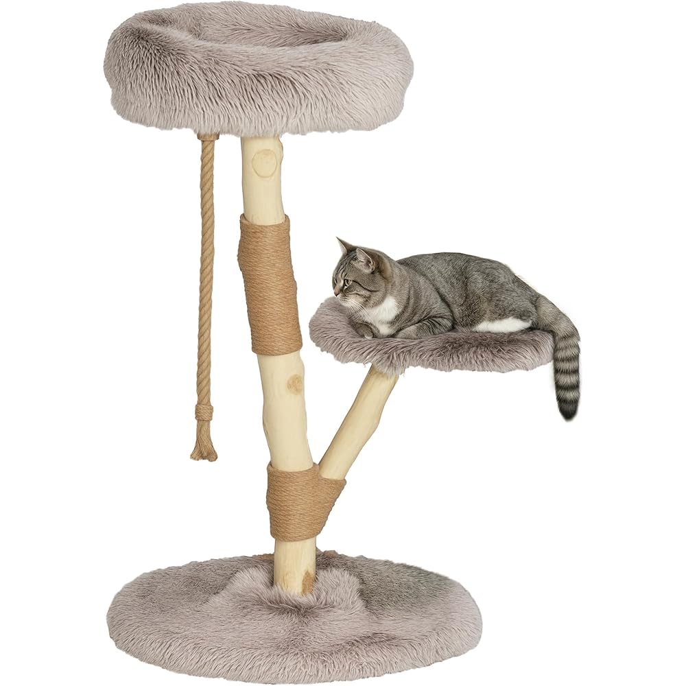 PawHut Cat Tree Tower, 35 Inch Modern Cat Tree for Indoor Adult Cats with Wooden Natural Branch Scratching Posts, Cat Bed &amp; Rope Cat Toy, Brown