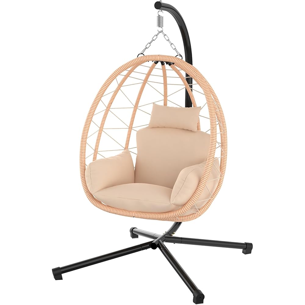 ZENPETIO Hanging Egg Chair with Stand, UV Resistant Cushion &amp; Pillow, 370lbs Capacity – Indoor &amp; Outdoor Use, Rattan Wicker Swing Egg Chair for Patio, Bedroom, Balcony, Beige